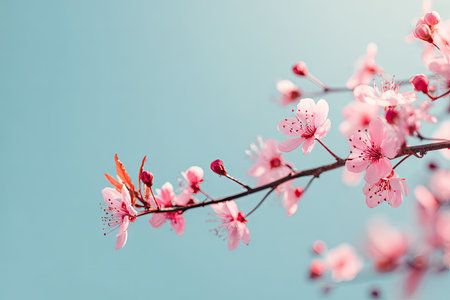 Pink cherry blossoms flourish on branches against a clear, blue background. The composition uses natural light, highlighting the soft textures and intricate details of the flowers. This image evokes a sense of tranquility and beauty, suitable for various editorial and commercial applications related to nature and springtime.の素材