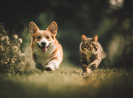 An adorable corgi dog and a tabby cat are seen running side-by-side through a grassy area. The dog appears happy with its tongue out, and the cat is focused. The image has a shallow depth of field, soft lighting, and a blurred background, suitable for various commercial and editorial uses.の素材
