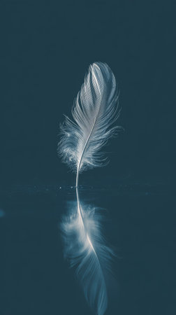 An isolated feather floats in front of a dark teal backdrop. The feather, with its delicate structure, is highlighted by soft lighting, creating a reflection. This composition is suitable for design projects, illustrating themes of nature, fragility, or dreams. It could be used for various design needs.の素材
