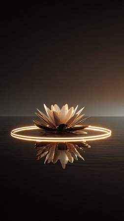 A digitally rendered lotus flower is depicted centered, floating above a reflective surface. The flower, with detailed petals, is encircled by a bright, glowing ring. The composition showcases a gradient background with warm lighting creating a sense of calm and peace. This image is suitable for various creative and commercial applications.の素材