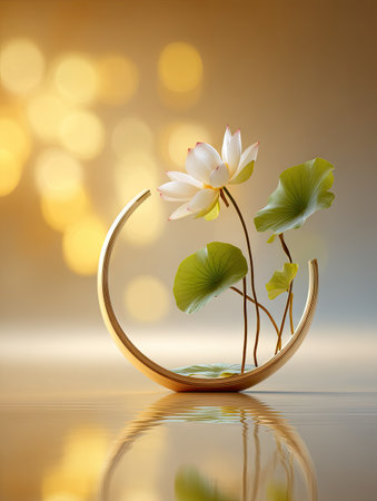 A serene composition features a delicate lotus flower with green leaves in a golden, crescent-shaped bowl. The soft lighting creates a gentle, reflective surface, while the background displays a warm, blurred bokeh. This image is suitable for various commercial applications, including decor and design projects.の素材