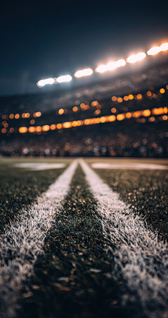 An American football field is shown at night, illuminated by stadium lights. The close-up perspective highlights the white markings on the green grass. The scene evokes a sense of anticipation. Suitable for sports-related projects, promotional material, or editorial content.の素材