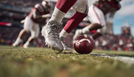 A football player is captured in mid-action, highlighting a close-up of a foot and the ball on a green field. The scene showcases other players in the background, dressed in uniforms. This sports photograph features sharp focus and potentially editorial uses.の素材