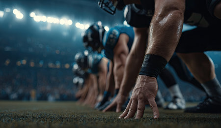 Football players are shown crouched in preparation for a game. The focus is on their hands and the textured turf. The scene is illuminated by stadium lights, suggesting a night game. Potential uses include promotional materials, sports-related articles, or editorial content.の素材