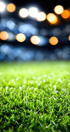 Close-up view of a green grass field with blurred lights in the background. The composition highlights the textured surface of the grass. The image has a shallow depth of field, focusing on the foreground. Ideal for commercial projects or editorial purposes related to sports or outdoor themes.の素材