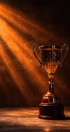 A detailed studio shot presents a golden trophy against a dark brown backdrop. The lighting creates dramatic beams across the textured surface, enhancing the trophy's metallic sheen. This image captures concepts of success and recognition, suitable for various commercial projects including presentations and advertising.の素材