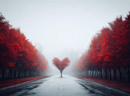 A serene landscape depicts a tree with heart-shaped foliage positioned in the center of a road. Flanking the road are rows of trees with vibrant red leaves, surrounded by a misty atmosphere. The image features soft lighting and a symmetrical composition suitable for various editorial and commercial applications.の素材