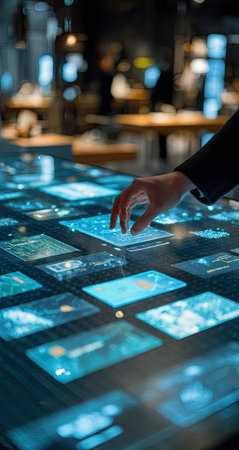 A hand interacts with a glowing interactive display. The scene is composed with a shallow depth of field, emphasizing the screen's surface with blue and white light. The technology display offers insights and information. Suitable for design, technology, or business applications.の素材
