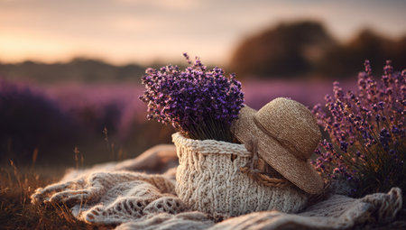 A woven basket brimming with lavender sits beside a straw hat on a knitted blanket. Purple flowers are prominent against a blurred field. The composition features warm lighting indicating sunset. The image may be suitable for use in editorial content or commercial projects related to nature and beauty.の素材