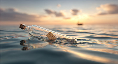 A glass bottle containing a message floats on calm water, reflecting the warm colors of a setting sun. The image features a natural composition with soft lighting and a blurred background. Suitable for representing concepts such as communication, hope, and travel, this image could be used for various commercial purposes.の素材