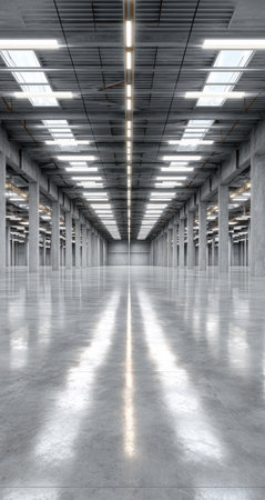 An expansive interior perspective of a large warehouse features a polished concrete floor reflecting overhead lights. Rows of support columns extend toward the vanishing point, creating a symmetrical and modern composition. The architecture offers a clean, functional aesthetic suitable for various commercial applications.の素材
