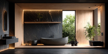 This interior depicts a modern bathroom with a minimalist aesthetic. It features a bathtub, plants, and natural elements. The composition highlights clean lines, neutral tones, and the interplay of light and shadow, creating a calming atmosphere. Suitable for architectural projects, design concepts, and illustrating tranquility.の素材