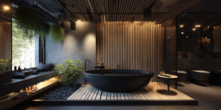 The image displays a contemporary bathroom design with a large, dark-colored bathtub as the central element. The space features wooden accents, clean lines, and soft lighting that create a sense of tranquility. Suitable for architectural visualization, home decor magazines, or lifestyle-focused content.の素材