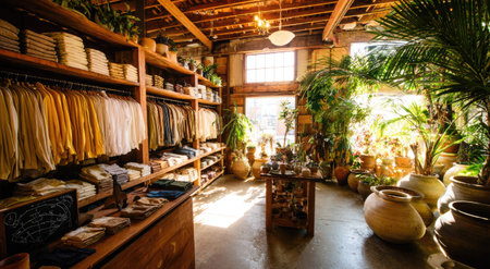 The interior of a shop displays clothing and other merchandise arranged on shelves and tables. The scene incorporates natural elements such as plants and wooden fixtures. The lighting suggests a daytime setting. This image is suitable for commercial and editorial applications.の素材