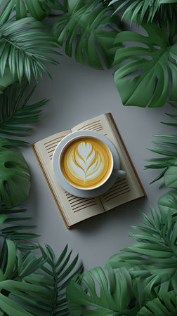 A close-up shot displays a latte art coffee cup resting on an open book. Surrounding the scene are lush, green tropical leaves. The lighting is soft and natural, highlighting the colors and textures. This image could be used for various commercial and editorial purposes, such as illustrating leisure or lifestyle.の素材