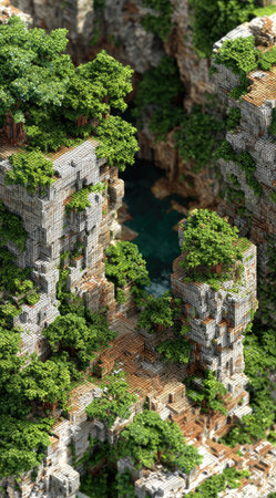 A miniature landscape depicts rugged cliffs and a tranquil body of water. Lush green foliage adds texture and contrast against the light-colored rock formations. The composition appears to be a detailed model, possibly for creative projects or display. Its scale suggests potential applications in illustration, design, and educational materials.の素材