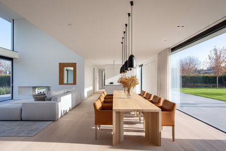 This interior image depicts a contemporary dining area. A long wooden table is surrounded by leather chairs beneath a series of pendant lights. The room features a minimalist style with neutral colors, natural light, and large windows overlooking an outdoor area, suitable for commercial use.の素材