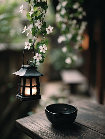 A traditional lantern hangs from a vine with white flowers, casting a warm glow. Below, a dark ceramic bowl rests on a weathered wooden table. The composition features soft focus, natural lighting, and a muted color palette. This image could be used for various commercial and editorial purposes.の素材