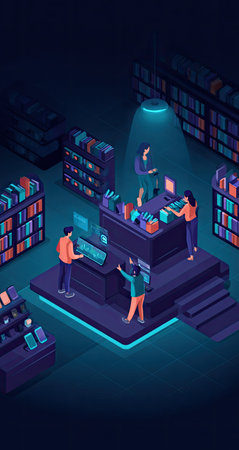 An isometric illustration presents people interacting in a digital library environment. The scene features a mix of bookshelves and digital interfaces, bathed in cool blue tones. The composition includes multiple figures, suggesting collaboration. Suitable for design projects or editorial content related to information or technology.の素材