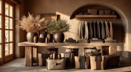 An interior scene presents a display of apparel and accessories. Warm tones and natural light illuminate the arrangement, highlighting the textures and materials. The composition features a wooden table and shelving, suggesting a retail setting. This image could be used for commercial and editorial purposes.の素材