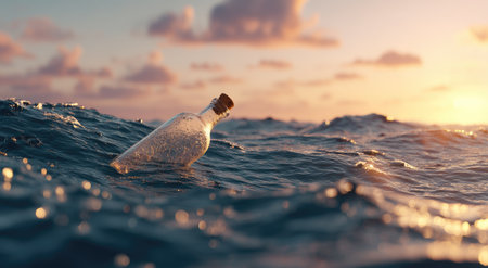 A glass bottle containing a message bobs on the surface of ocean waves. The scene is bathed in warm sunlight from a setting sun, creating a dreamy atmosphere. The composition features blurred water textures and a sky filled with soft clouds. Ideal for various commercial and editorial applications.の素材