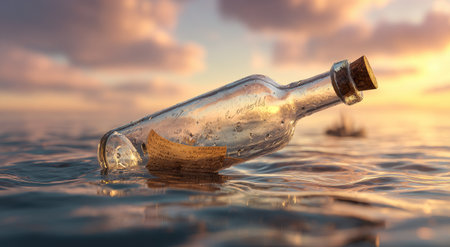 A glass bottle with a message inside floats on rippling water, set against a colorful sky. The scene features a warm, diffused light suggesting a sunset or sunrise. The composition implies a feeling of hope or discovery, suitable for various commercial and editorial applications.の素材