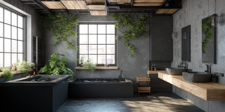 This image showcases a modern bathroom with large windows, concrete walls, and wooden accents. Natural light streams into the space, highlighting the dark fixtures and lush green plants. The design could be utilized for commercial purposes, such as interior design magazines or advertising campaigns.の素材