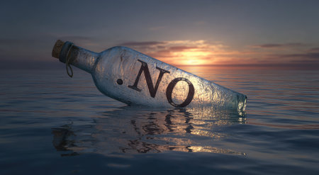 A glass bottle with the word .NO inside bobs gently on water reflecting the evening sky. The image features a serene composition, with soft lighting enhancing the textures of both the glass and water. This conceptual scene may be suitable for use in editorial or creative projects.の素材