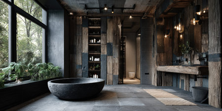 A spacious bathroom interior displays a large, dark-colored tub near a wide window offering an outside view. The scene includes wooden beams, neutral color tones, and plants that enhance the natural aesthetic. This image would be suitable for architectural, lifestyle, or design-focused commercial purposes.の素材