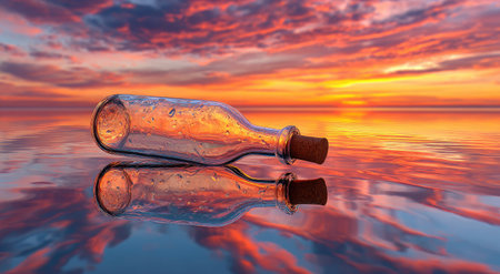 A glass bottle with a cork lies on a reflective surface, mirroring the image of a fiery sunset. The sky is a blend of orange, red, and yellow hues. The image conveys tranquility and can be used for various projects including website backgrounds or editorial illustrations.の素材