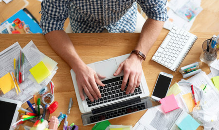 An overhead view showcases a person working on a laptop surrounded by office items. The scene displays a collection of papers, sticky notes, pens, and a smartphone, suggesting a workspace. The composition highlights a busy work environment, possibly suitable for diverse commercial projects.の素材