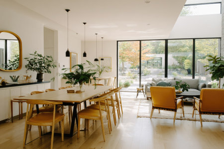 A bright dining room features a long wooden table with chairs, illuminated by overhead lighting. Natural light floods the space from large windows, showcasing a view of the exterior. The room incorporates interior plants, enhancing the inviting atmosphere. This image could be used for architectural, interior design, and lifestyle publications.の素材