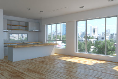 An interior shot presents a contemporary kitchen with light-colored cabinets and wooden flooring. Large windows offer a view of the city skyline, filling the room with natural light. The minimalist design suggests a bright and airy space suitable for various commercial and illustrative purposes.の素材