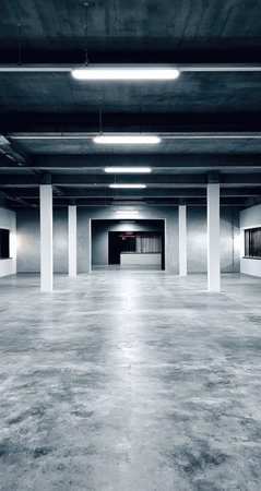 An expansive interior space features a concrete floor and white support columns beneath a dark ceiling. Bright, linear lights illuminate the environment. The scene, possibly a warehouse or parking garage, could be suited for architectural or commercial projects, offering copy space and a sense of depth.の素材