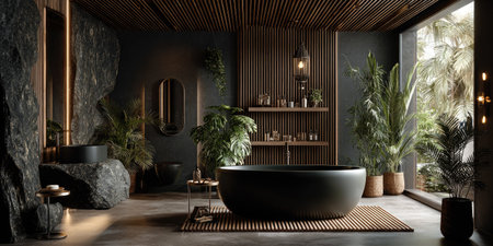 This interior photograph showcases a modern bathroom design with a large bathtub and lush plants. The scene exhibits a neutral color palette, incorporating dark tones and wooden textures. The composition creates a tranquil atmosphere with natural light. Suitable for architectural, lifestyle, and design related commercial uses.の素材