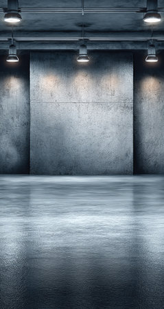 A modern industrial interior setting showcases a concrete wall and reflective flooring, illuminated by overhead lighting. The composition features a symmetrical arrangement, with strong lines and neutral tones dominating the scene. This image may be suitable for illustrating concepts related to architecture, design, or providing a background for commercial projects.の素材