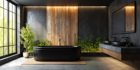 A contemporary bathroom features a black freestanding bathtub, plants, and a large window. The composition displays a contrast between natural wood and dark textures, creating a soothing atmosphere. This image is suitable for projects related to home design, architecture, and lifestyle, offering versatile editorial and commercial applications.の素材