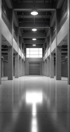 An interior architectural image presents a modern industrial space. The symmetrical composition features numerous pillars and a polished floor reflecting overhead lighting. The image is rendered in shades of gray, with a bright light source at the end of the corridor, and it could be used for commercial or design projects.の素材