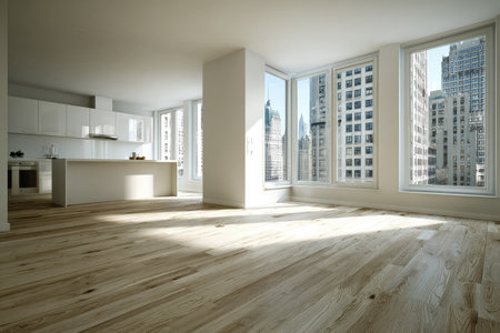 An empty, sunlit apartment interior features hardwood floors and large windows overlooking a cityscape. The space exhibits a minimalist design with white walls and cabinetry. Natural light streams through the windows, creating highlights and shadows. Suitable for real estate, design, or lifestyle content.の素材