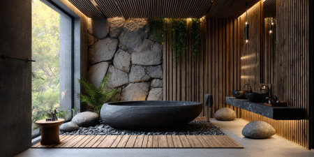 An interior showcases a contemporary bathroom design. A large stone wall is the focal point, contrasting with the wooden elements. A modern soaking tub and minimal decor create a spa-like atmosphere. Suitable for architectural, design, or lifestyle projects, the image highlights textures and lighting.の素材
