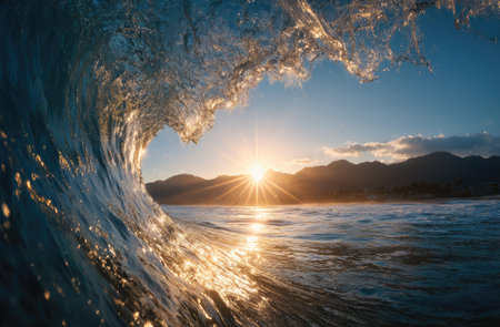 A powerful ocean wave is captured mid-break, revealing the internal water structure. The scene is illuminated by the low angle of a bright sunrise, casting golden light. The composition highlights the curve of the wave and the smooth surface of the sea, framed by distant mountains. It is suitable for various editorial and design uses.の素材