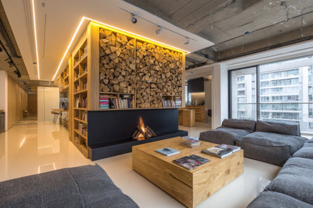 The image showcases a contemporary living space centered around a fireplace with a wooden backdrop. The room features a low wooden coffee table and comfortable grey sofas. The overall style suggests a modern indoor setting with warm lighting, and the image could be utilized for architectural or lifestyle purposes.の素材