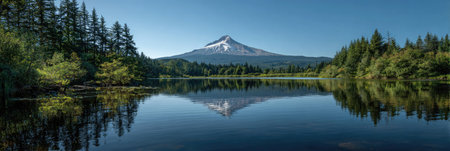 A tranquil landscape showcases a mountain reflected in a still lake. Lush greenery borders the water, contrasting with the mountain's rocky texture and snow-capped peak. The clear, blue sky completes the serene scene. Suitable for various commercial applications, including travel, environmental themes, and scenic design.の素材