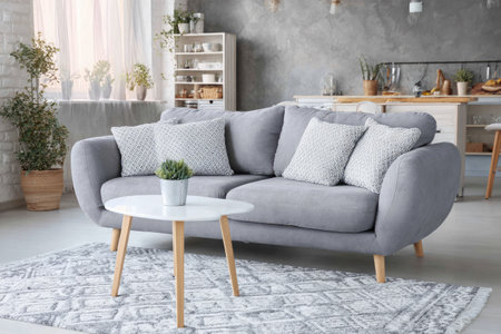 A cozy living room showcases a gray sofa and white coffee table. The scene features soft natural lighting and neutral tones, complemented by decorative plants and a patterned rug. The style suggests a contemporary design for home decor, adaptable for various commercial purposes.の素材