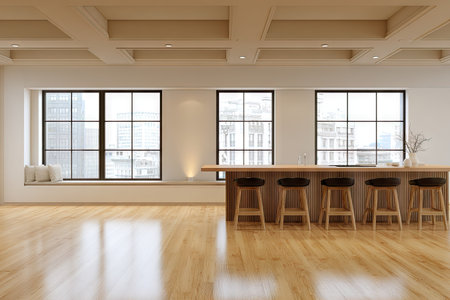 This image depicts a contemporary interior featuring a wooden floor and large windows. The scene includes a wooden bar with stools. The overall ambiance suggests a spacious area. The style evokes clean lines and modern aesthetics, ideal for applications such as interior design concepts and architecture visuals.の素材