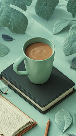 An overhead shot presents a coffee mug atop a book with a pencil and opened book nearby. The mug holds a warm beverage. The scene features soft, muted colors and a naturalistic composition. This image could be utilized for design projects or to convey themes of relaxation and study.の素材