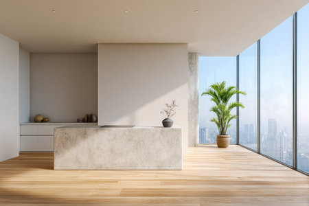 An interior scene showcases a minimalist design featuring clean lines, neutral tones, and natural light. The composition includes wooden floors, a concrete-textured island, and potted plants. Large windows offer a bright setting, potentially suitable for architectural projects and design-related visuals in various commercial applications.の素材