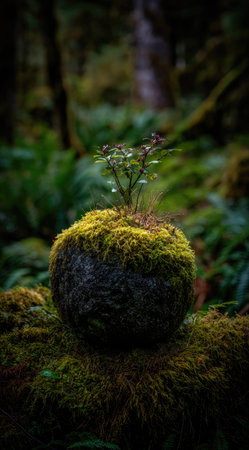 A moss-covered stone supports a small plant, creating a natural sculpture. The composition features a blurred background of a dense forest, displaying various shades of green. The lighting suggests a shaded environment. This image could be used for nature, environment, or botanical themed projects.の素材