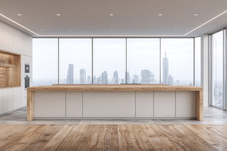 An interior showcases a modern kitchen design featuring a large window overlooking a cityscape. The space incorporates light-colored cabinets and a prominent wooden countertop. Natural lighting illuminates the scene, highlighting the textures of the wooden floor. This image could be suitable for architectural design, real estate marketing, or lifestyle publications.の素材