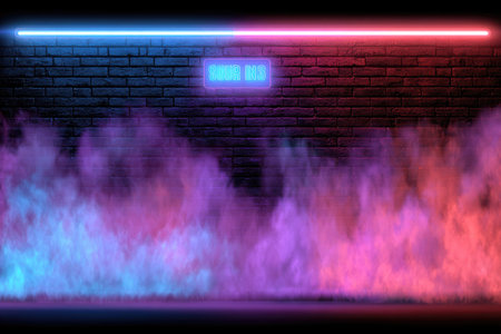 An artistic depiction features a brick wall backdrop illuminated by neon lights and a cloud of vapor. The scene is bathed in vibrant hues of blue, red, and purple, creating an atmospheric effect. This abstract image may be used for design, background, or conceptual projects.の素材